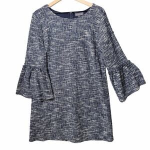 Luxology Shift Dress Navy Blue White Bell Sleeve Round Neck Career Womens L